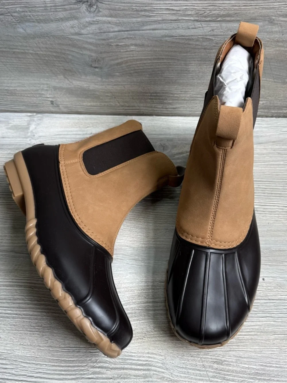 JBU men’s Tan and Dark Brown Duck Boot Chelsea Boots size 13